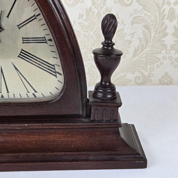 Vintage Waltham Triangle Wooden Mantel Clock Finials on Sides Wind Up Mechanism - Picture 4 of 16
